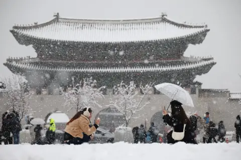 Kim Hong-Ji/Reuters A pistillate   takes a photographs of her person  during dense  snowfall  autumn  successful  cardinal  Seoul 
