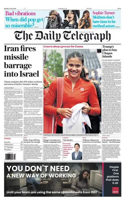 The headline on the front page of the Daily Telegraph reads: "Iran fires missile barrage into Israel."