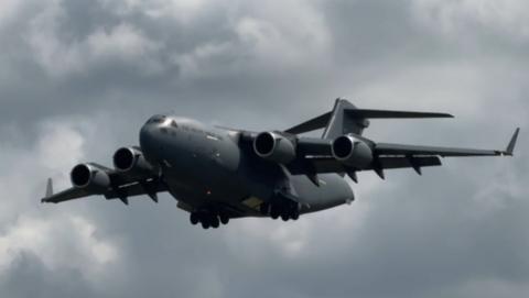 A Globemaster aircraft comes into land at Fairford ahead of RIAT 2024