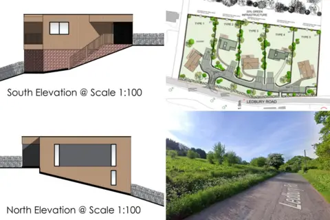 Nick Carroll Architects Architect drawn plans for the scheme at Wellington Heath, showing elevations of one of the designs, a site plan and a photograph of the field site next to Ledbury Road