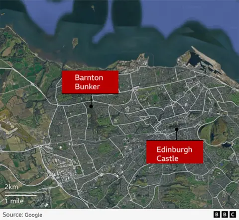 A birdseye view of Edinburgh marking out where the Barnton Bunker is in the city