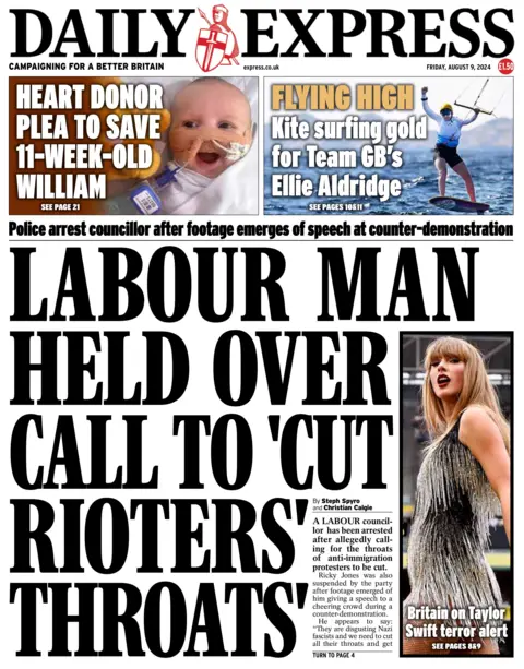 Daily Express: Labour man held over call to 'cut rioters throats'