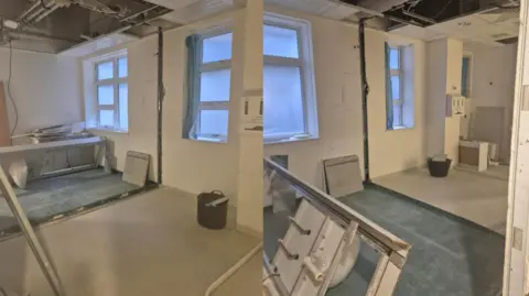 UHCW Panels of windows, construction equipment and tools on site at the new urology unit.