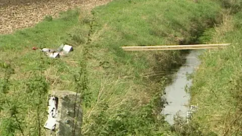 A photo taken around 1999 of a ditch beside an agricultural field. A plank of wood rests across the ditch while there are some flowers left by the side of it, in tribute to Victoria Hall after her body was found.