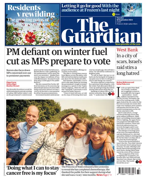 Guardian front page carrying the headline "PM defiant on winter fuel cut as MPs prepare to vote"