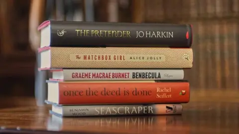 A pile of the five books on the shortlist for this year's Walter Scott Prize