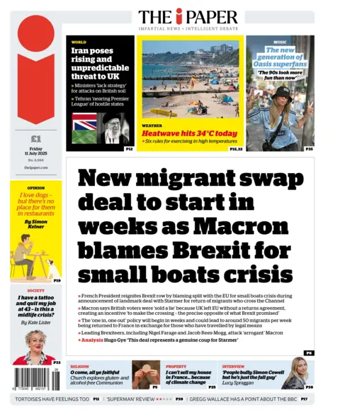 The i newspaper headline reads: "New migrants swap deal to start in weeks as Macron blames Brexit for small boats crisis"
