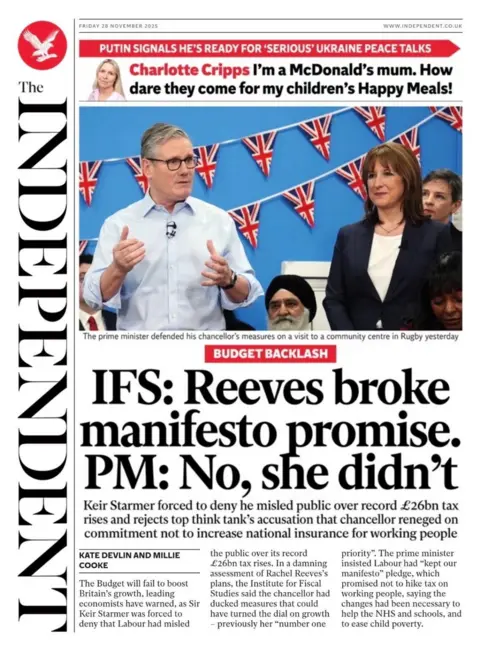 "IFS: Reeves breaks manifesto promise. PM: No, he didn't" The headlines on the front page are independent of the conversation, mimicking the conversation between the institute for fiscal studies and Prime Minister Sar Starmmen Starmmen.
