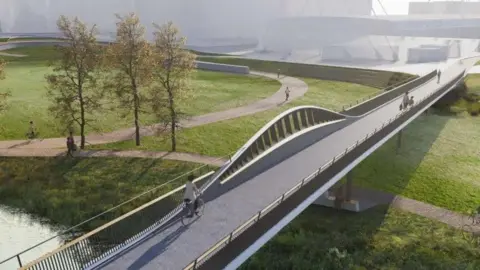 An architect's computed-generated image of a proposed walking and cycling bridge over Grandpont Nature Park in Oxford. The sleek bridge stretches across a field with footpaths, and Oxford Ice Rink can be seen in the background. Trees are also visible near the river which the bridge goes over.
