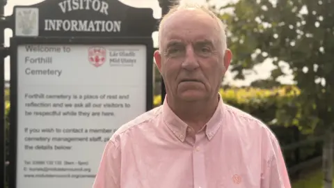 Trevor Wilson stands in front of a cemetery's information board. He is wearing a pink shirt and has a stern serious expression on his face. He is balding but has grey hair. The sign is behind his right shoulder, and reads welcome to forthill cemetery. A tree is visible behind his left shoulder.