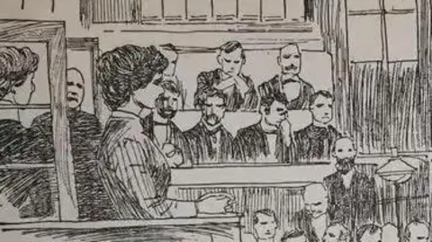 A court drawing of a woman sat on a chair and a jury of men sat in rows in the background