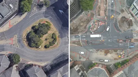 A composite image of the original roundabout on Maid Marian Way, pictured left, and the current works to replace it with a T-junction, pictured right.