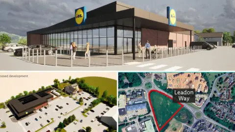 An illustration shows a planned supermarket building with people outside, along with a small map and layout of the site.