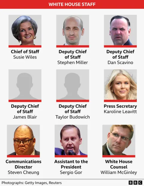 A graphic showing what White House Staff roles have so far bill appointed, with headshots of Susie Wiles, Shephen Miller Dan Scavino, Karoline Leavitt, Steven Cheung, Sergio Gor and William McGinley. There are no photos for James Blair or Taylor Budowich.