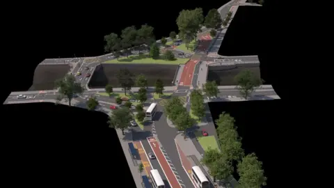Bristol City Council An artist impression of Bedminster Bridges shows the new cycle lanes and change in traffic flow
