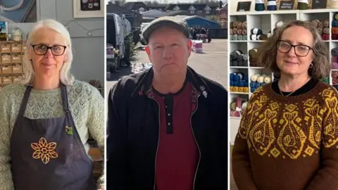 A montage of three people. Claire Howard, on the left, is wearing a blue apron with a yellow flower pattern on it. Venetia Strangways-Booth, on the right, is wearing a brown jumper decorated with yellow fish on its upper half. Geoffrey Cripps, in the middle, is wearing a dark coat over a red jumper. He is wearing a cap. 