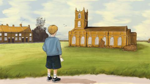 A poster for the William's Castle drama depicting a young boy standing in front of a church