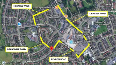 Cleveland Police A screenshot of an online map showing the Berwick Hills area of Middlesbrough. On the map are yellow lines drawn around the border of the area that is under theorder. Hogwill Walk, Ormesby Road, Beansdale Road and Penrith Road are marked in white, yellow-bordered boxes.
