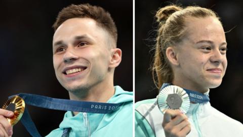 Ivan Litvinovich and Viyaleta Bardzilouskaya with trampoline medals