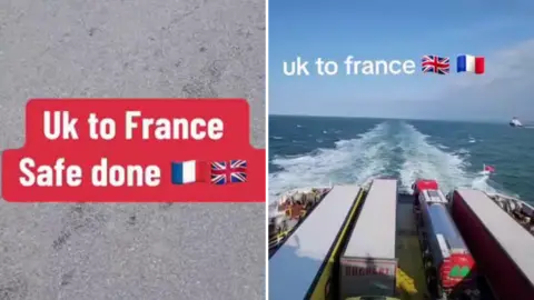 CPS A composite images of two social media posts. The left image has a background of sand, with text saying "Uk to France, Safe done". The right image shows the back of what appears to be a cargo ship with freight lorries on it. 
