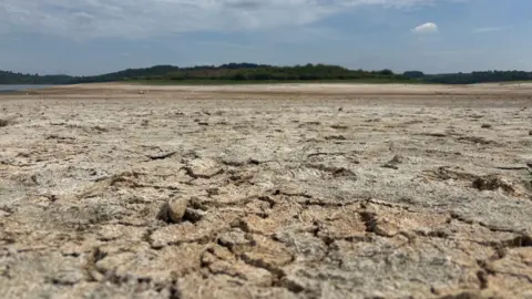 BBC Carsington Water reservoir dry and cracking under a blue summer sky