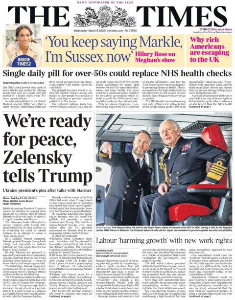 The headline on the front page of the Times reads: "We're ready for peace, Zelensky tells Trump."