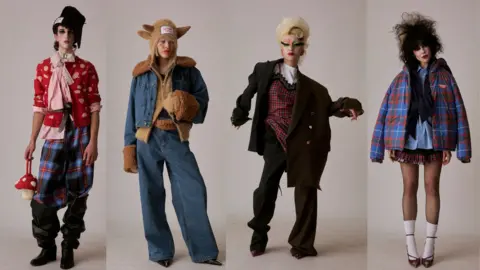 Charles Jeffrey LOVERBOY Outfits from the Thistle collection including tartan, jeans and odd fitted suits.