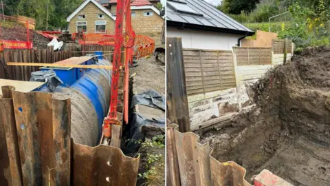 Rachel Laidler A water tank as it is being lowered into the ground and a picture of the hole dug into the ground to house the tank