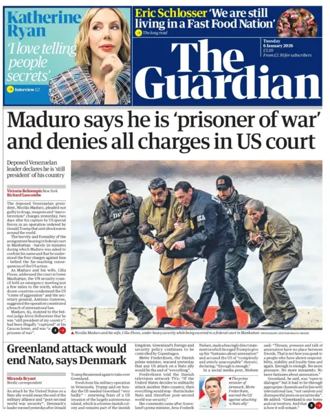 "Maduro says he is 'prisoner of war' and denies all charges in US court" reads the headline on the front page of The Guardian.