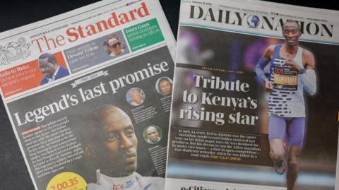 A photo of two Kenyan newspapers, The Standard and The Daily Nation, paying tribute to Kelvin Kiptum
