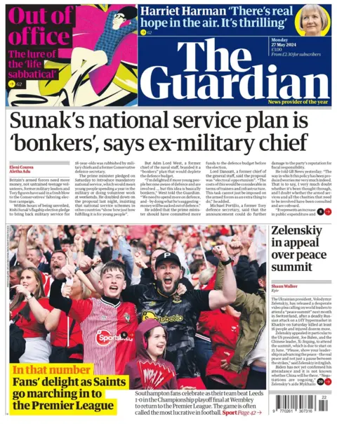 The headline on the Guardian's front page read: "Sunak's national service plan is 'stupid', former military chief says"