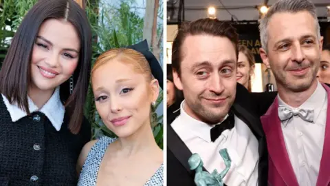 A composite image showing actress Mikey Madison during an interview earlier in January, she is wearing her black hair down and is wearing a chocolate brown top, and Kieran Culkin and Jeremy Strong clutching awards at the SAG Awards in 2022