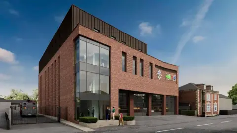 A computer rendering of a new fire station. It is brick-built, with a large glass window in one corner of the building, three storeys in height. There are four fire engine bays and a fire engine parked to the side of the building.
