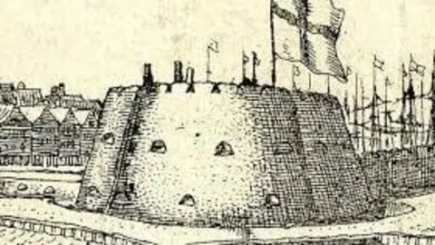 An artists' impression of what the South Blockhouse once looked like - a large, round fort with a St George's Cross flag flying from the top of the structure. 