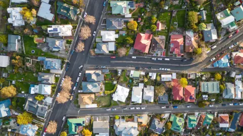 An aerial view of leafy streets and houses with different coloured roofs 