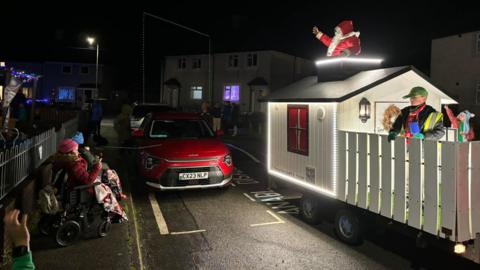 The Santa float driving through Gwynedd on Thursday evening