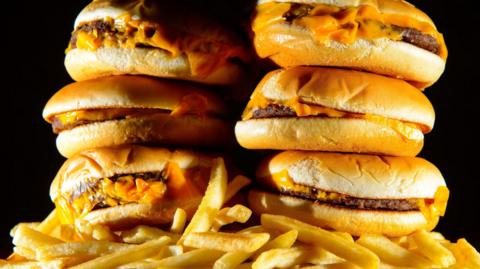 Stock image of cheeseburgers and chips
