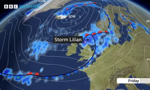 BBC Weather Graphics showing the storm's path across the UK