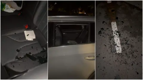 Alfie Watts Three photos show car window smashed with debris on the rear seat and on road