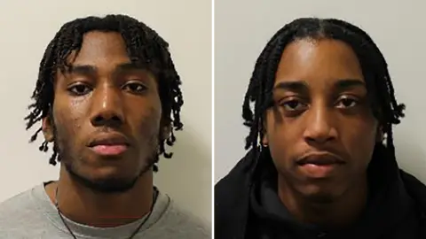Metropolitan Police Emmanuel Popoola and Tayvon Etefia pictured side-by-side in police custody images. Emmanuel Popoola has plaited hair and wears a necklace and a grey top.
Tayvon Etefia has plaited hair and wears a black top.