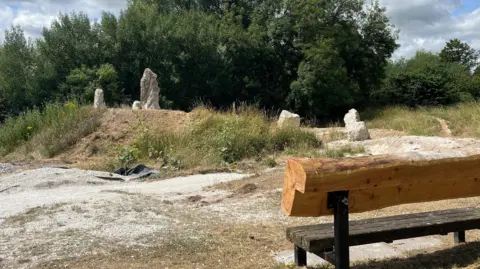 Tony Fisher/BBC A wooden bench in the foreground with chalk stones in the background with trees beyond.