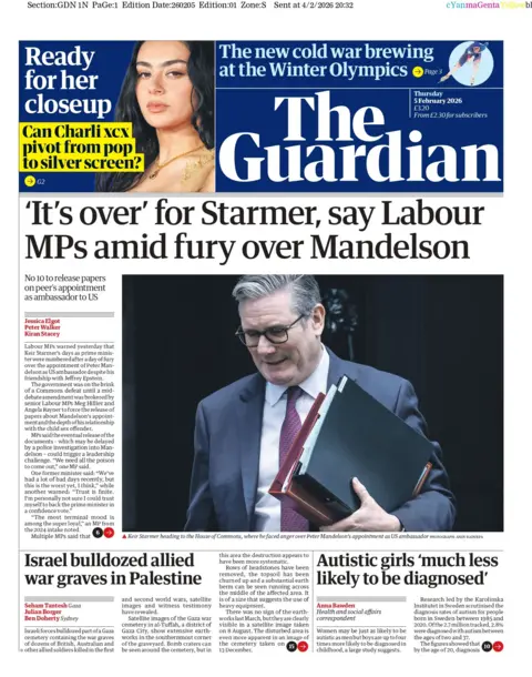 "'It's over' for Starmer, say Labour MPs amid fury over Mandelson," reads the headline on the front page of the Guardian. 