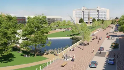 Artist impression of the redeveloped Queen's Gardens looking towards Hull College it shows pedestrian paving along the side, a large pond and paths and grass in the park