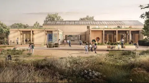 An artist's impression of how the new play area will look, including a grassed area with paths and a large area with children playing outside. A building clad with wood is in the background. 