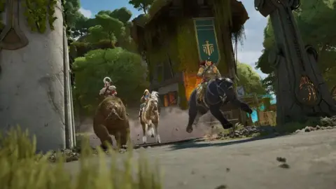 Wildlight Entertainment Screenshot from Highguard shows three player characters riding unusual mounts - a grizzly bear, a horse and a panther, through a clearing surrounded by trees.