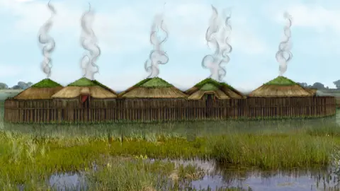 An artist impression of a Bronze Age settlement which is close to water and has several wooden huts surrounded by a high fence made of wooden posts.