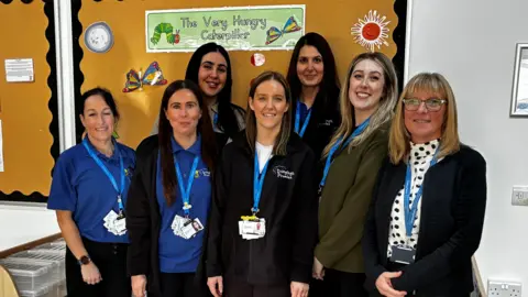 Dingley's Promise Seven women standing in a nursery setting smiling. There are boards behind them with 'The Very Hungry Caterpillar' pictures and writing on. They all have blue lanyards around their necks and most of them are wearing either blue polo shirts or black fleece's with the centre's branding on it. 
