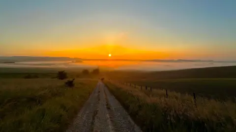 zimmi TUESDAY - the orange sun beams over empty fields in Lambourn