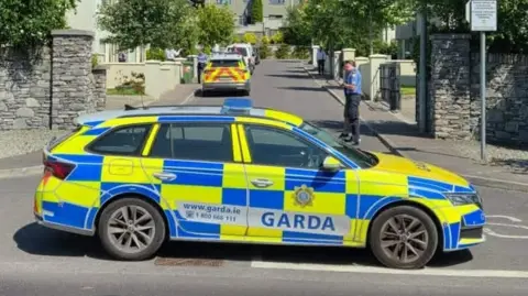 A blue and yellow Garda (Irish police) car is parked sideways across the walled entrance to a housing estate on a bright sunny day. A male officer in a blue uniform stands close to the wall behind the car. There is another parked Garda car in the background. The estate contains a small number of large detached houses. Two yellow traffic cones are positioned on either side of the first patrol car. 