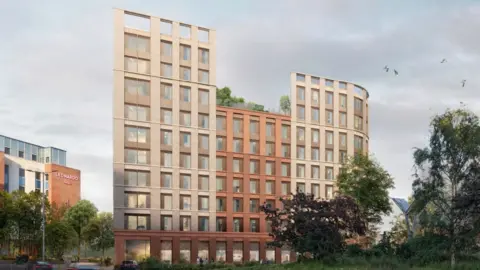 The architect’s visualisation shows a modern, newly designed building with a gentle curve at each end and a mixture of light and reddish brick. It rises to about 10 storeys and has large, evenly spaced windows. The top levels include greenery, with trees and plants set back from the outer walls, giving the impression of a rooftop garden. 